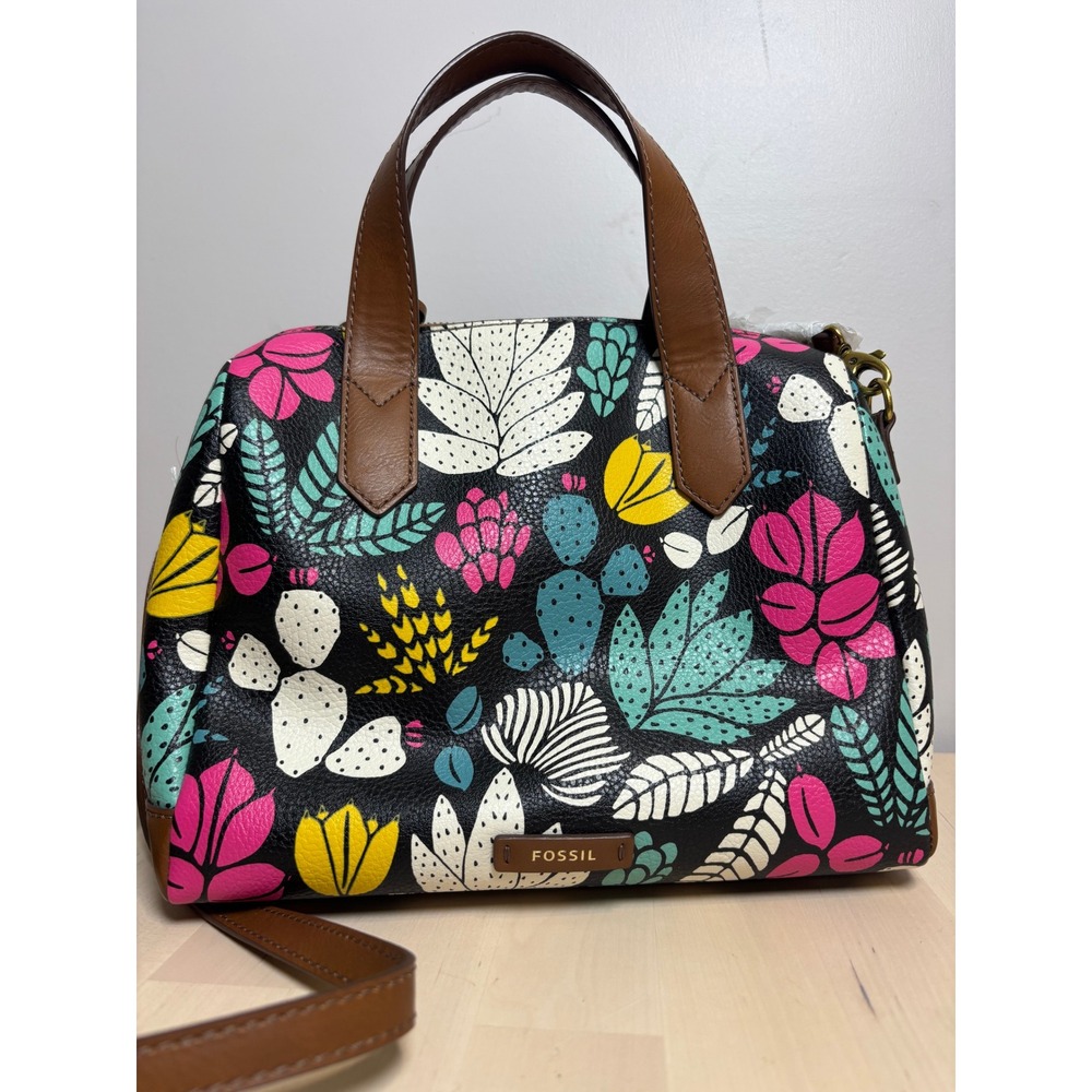 Fossil Fiona Satchel Black Multi Color Dark Floral Print Handbag SHB2455